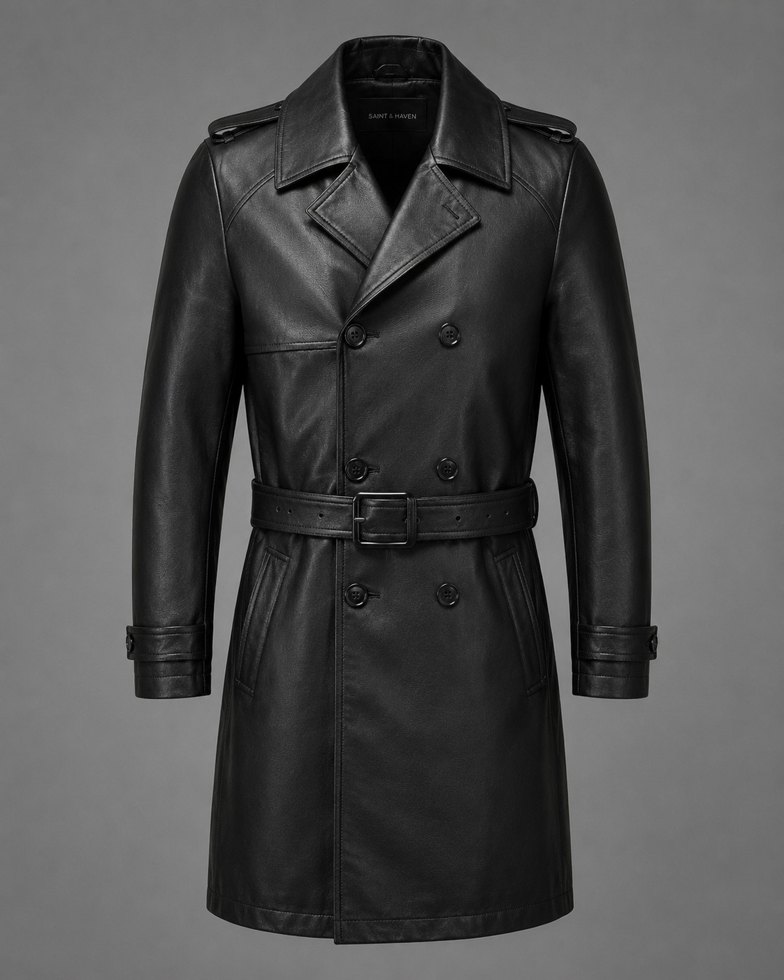 Women’s Black Genuine Leather Trench Coat Belted Double Breasted Slim Fit