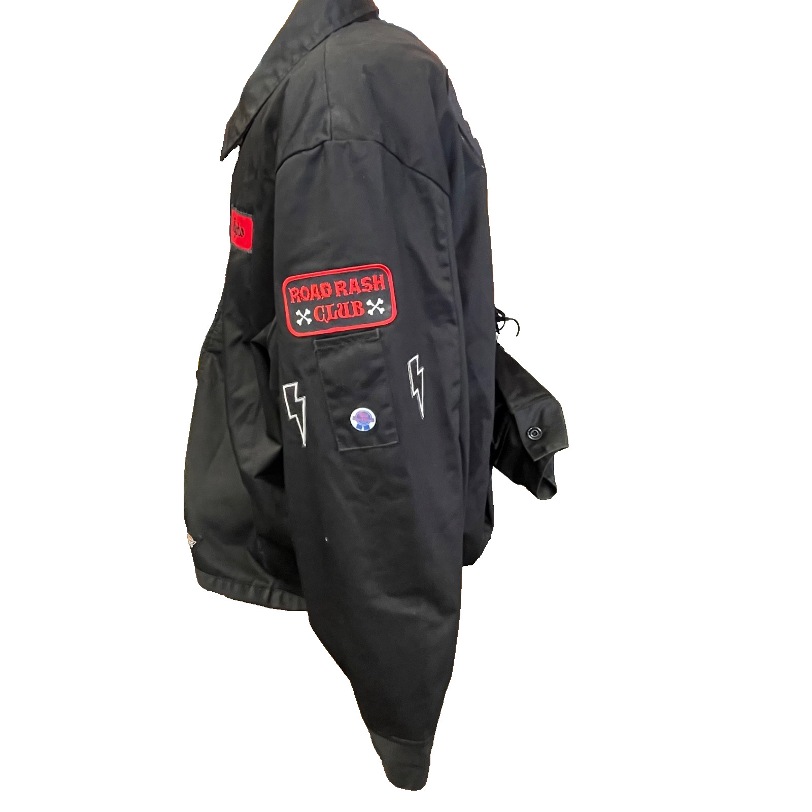 black Dickies work jacket featuring custom red embroidered patches Size 3XL
