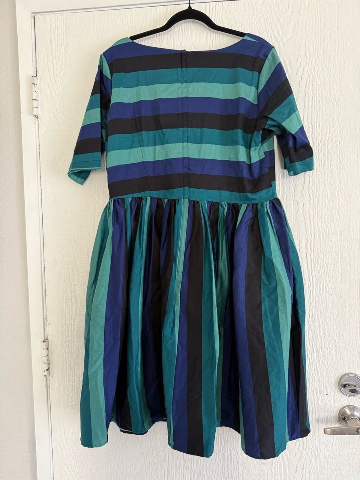Collectif Teal, Navy & Black Striped Fit & Flare Dress. Size XL