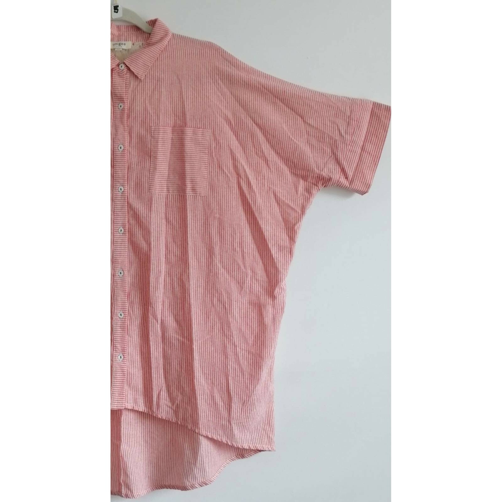 Umgee Womens Button Front Shirt Pink Striped Batwing Dolman Sleeve Pocket Lace M