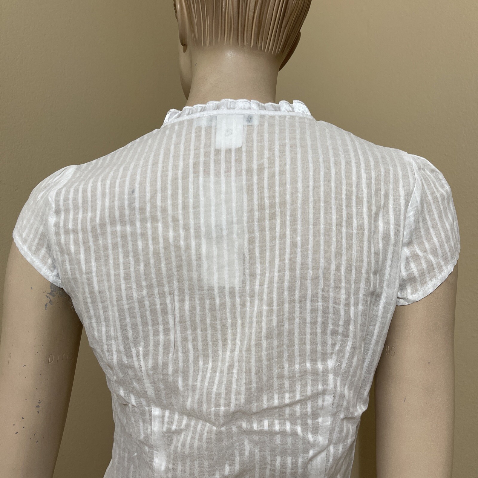 Women’s White Cotton Casual Sheer Striped Lace Satin Buttons Size L Blouse Top
