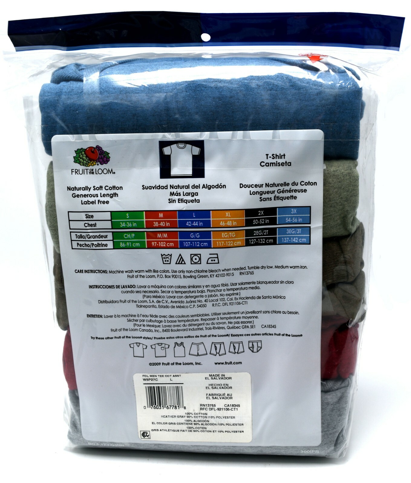 5 Assorted Color L 42-44 Inch Crew Neck T-Shirts Fruit Of The Loom G 107-112 CM