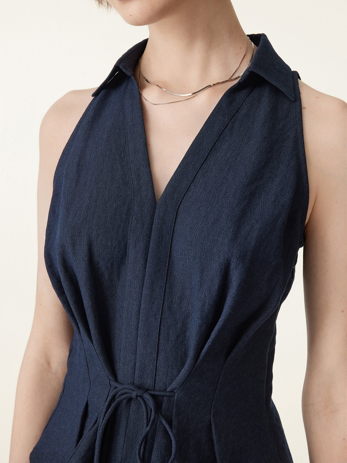 OGL Collared V-neck Pleated Sleeveless Top with Drawstring