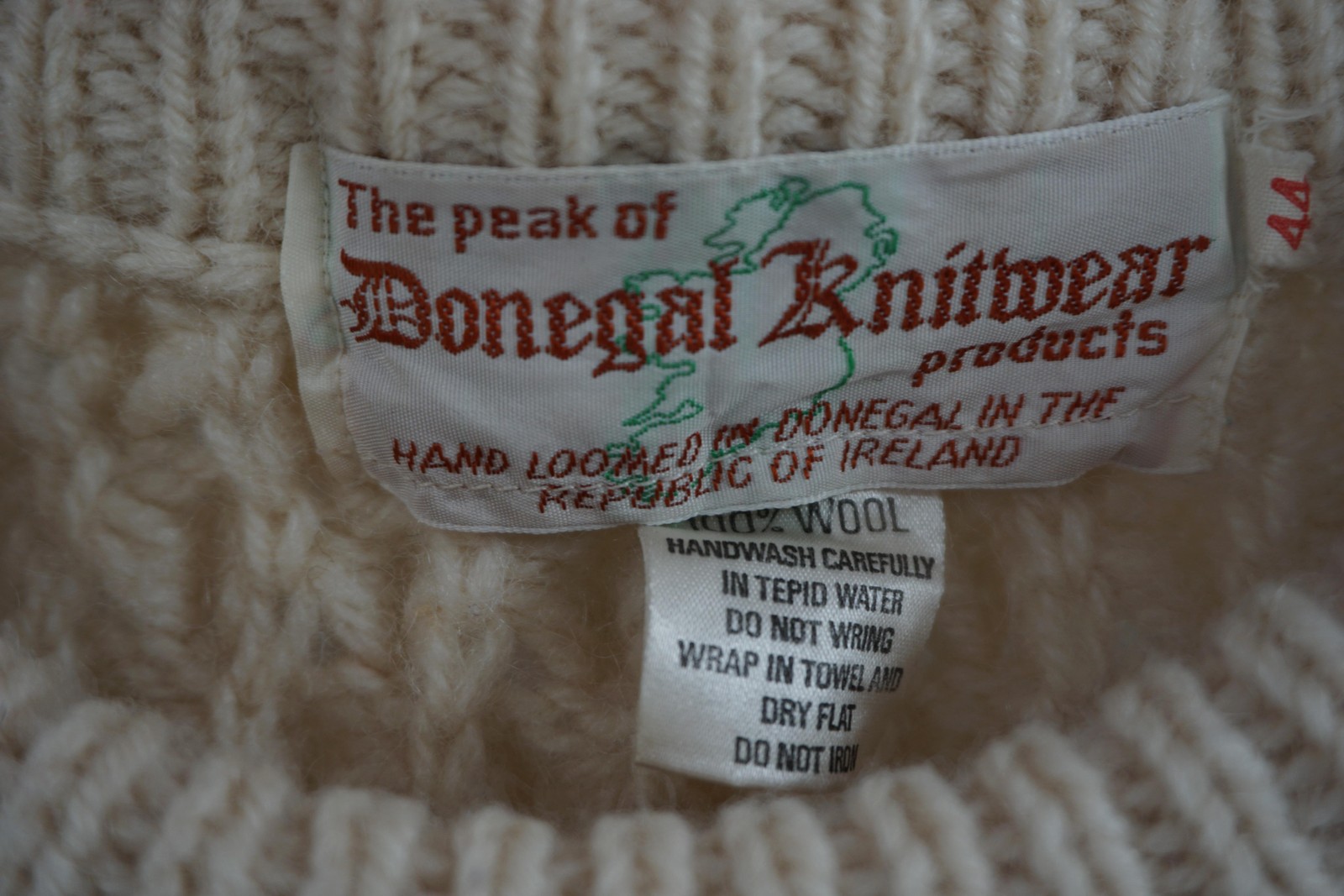 Donegal Knitwear Sweater Mens 44 Cream 100% Wool Aran Fisherman Cable Crew Irish