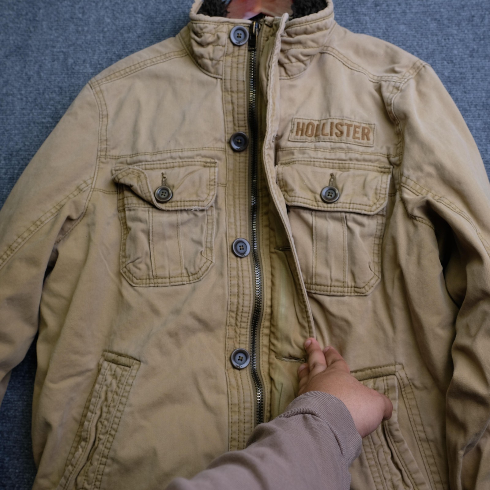 Hollister Jacket Mens XL Beige Canvas Sherpa Lined Carpinteria Full Zip Pockets