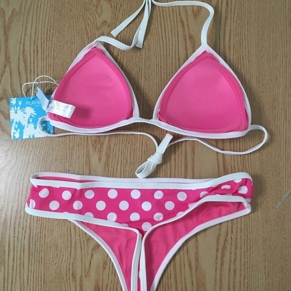 New Womens 2pc Super Sexy Playboy Polka Dot Thong Swimsuit Bikini Size Large