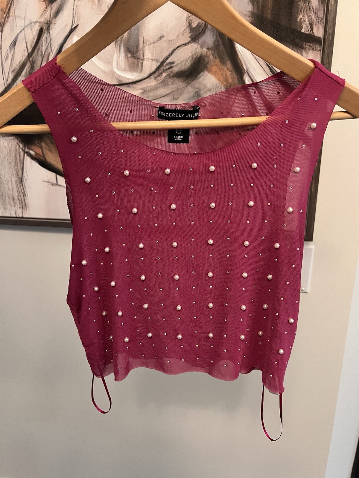 Sincerely Jules Pink Sheer Mesh Pearl Rhinestone Cropped Scoop Neck Top Size S