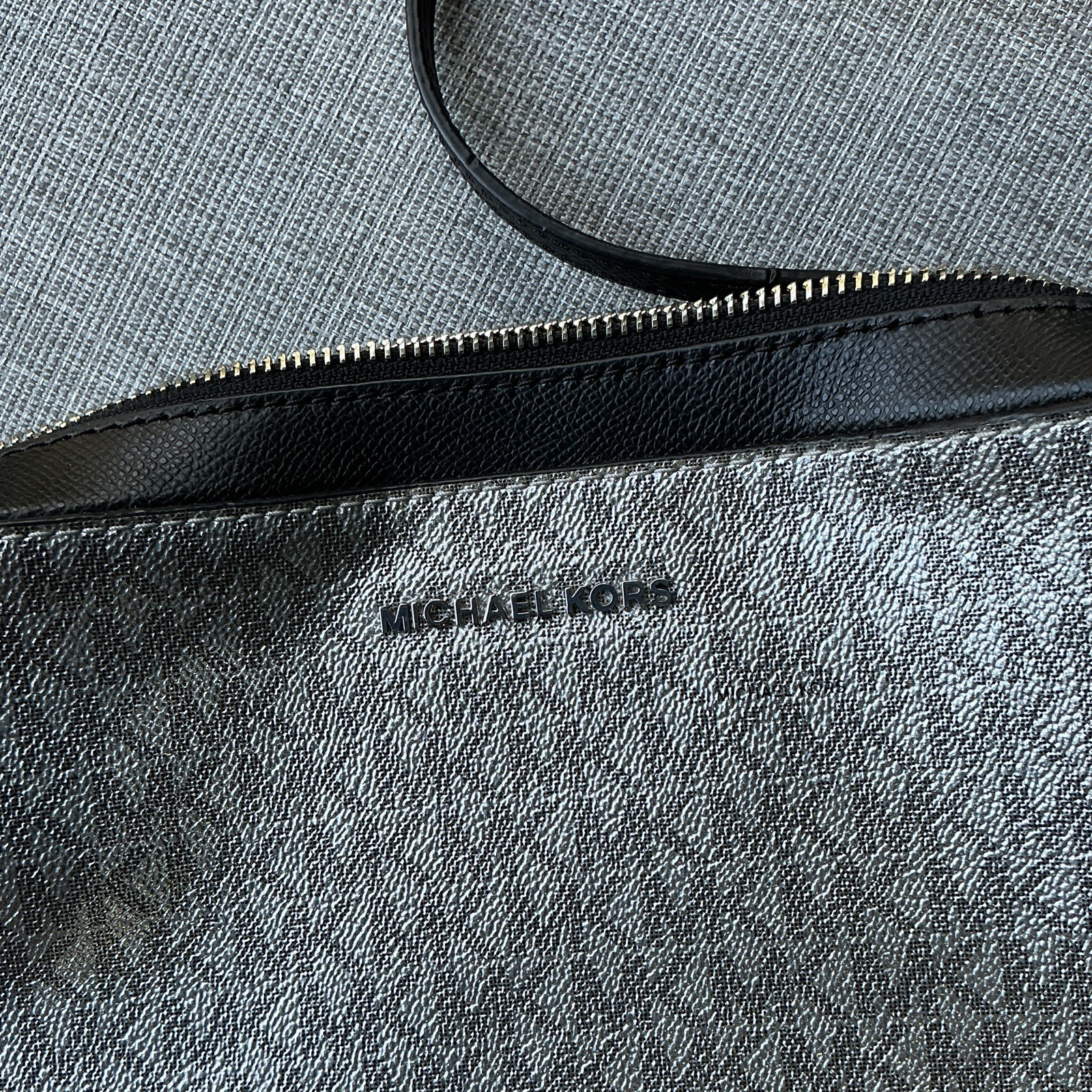 Michael Kors Silver Logo Crossbody Bag Zip Chain Black Strap