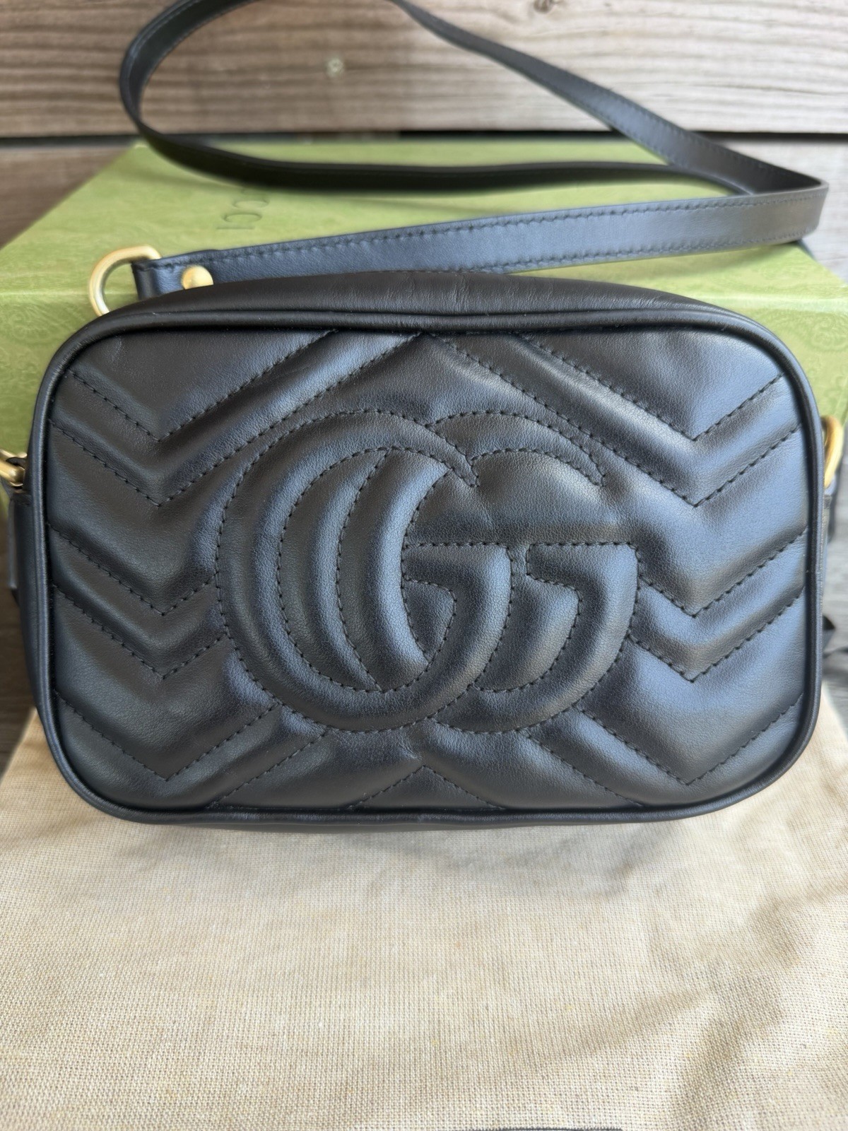 Gucci Calfskin Matelasse Mini GG Marmont Chain Shoulder Bag Black