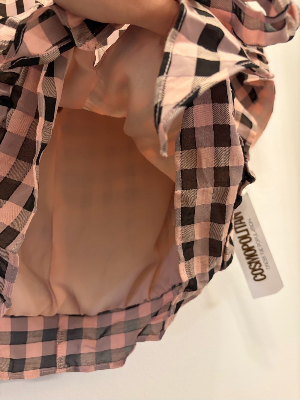 NWT Cosmopolitan x Dress the Population Plaid Tie Front Puff Sleeve Top Womens L