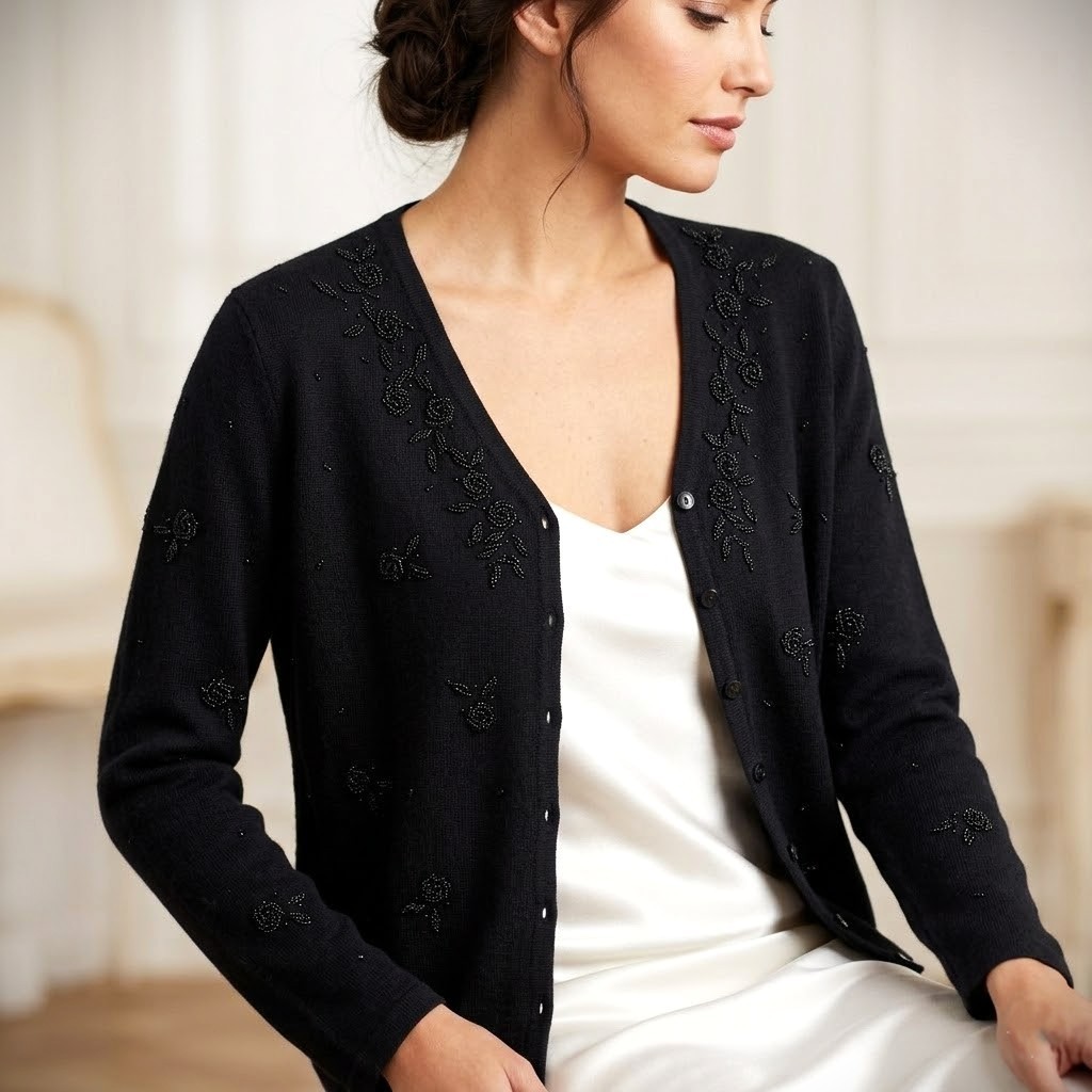 TALBOTS Sz S Black Floral Beaded Soft SILK CASHMERE Button Cardigan Sweater NWOT