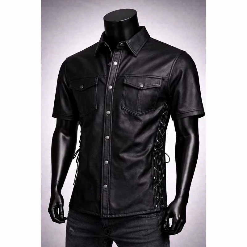 Mens Genuine Leather Lace Up Snap Button Biker Shirt