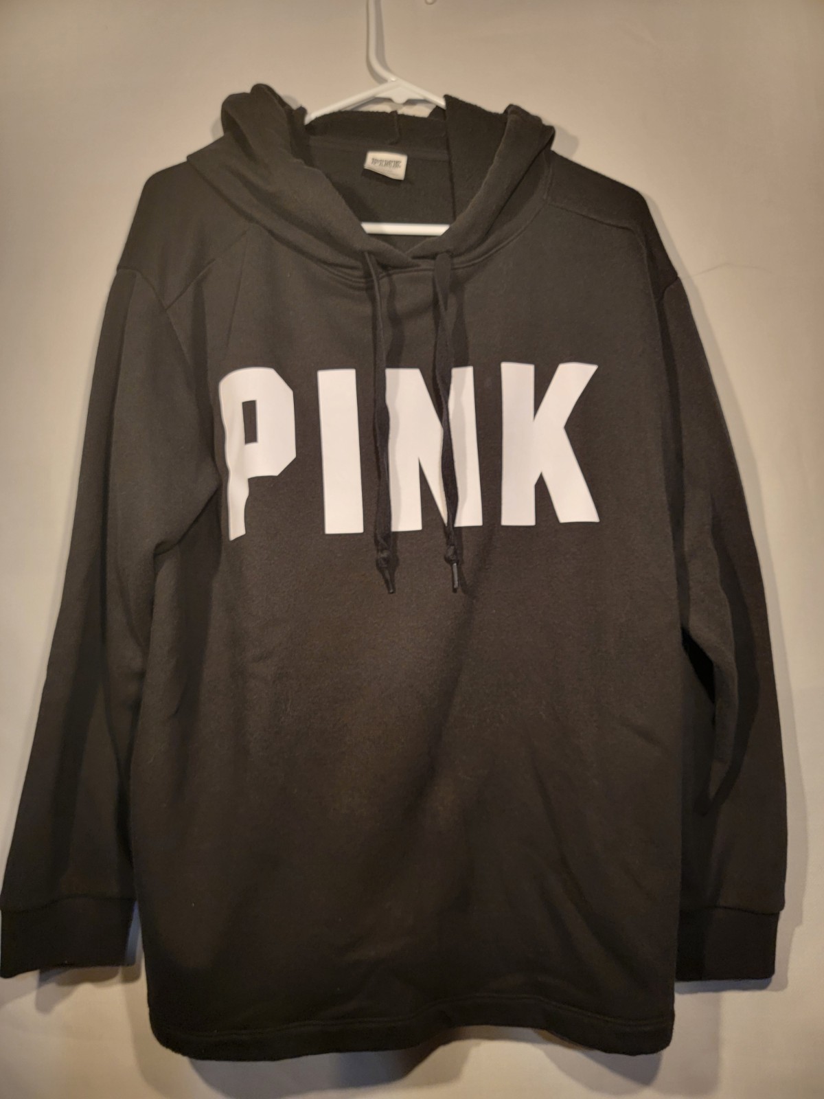 PINK Victoria’s Secret Black Logo Fleece Pullover Hoodie Drawstring Women’s M