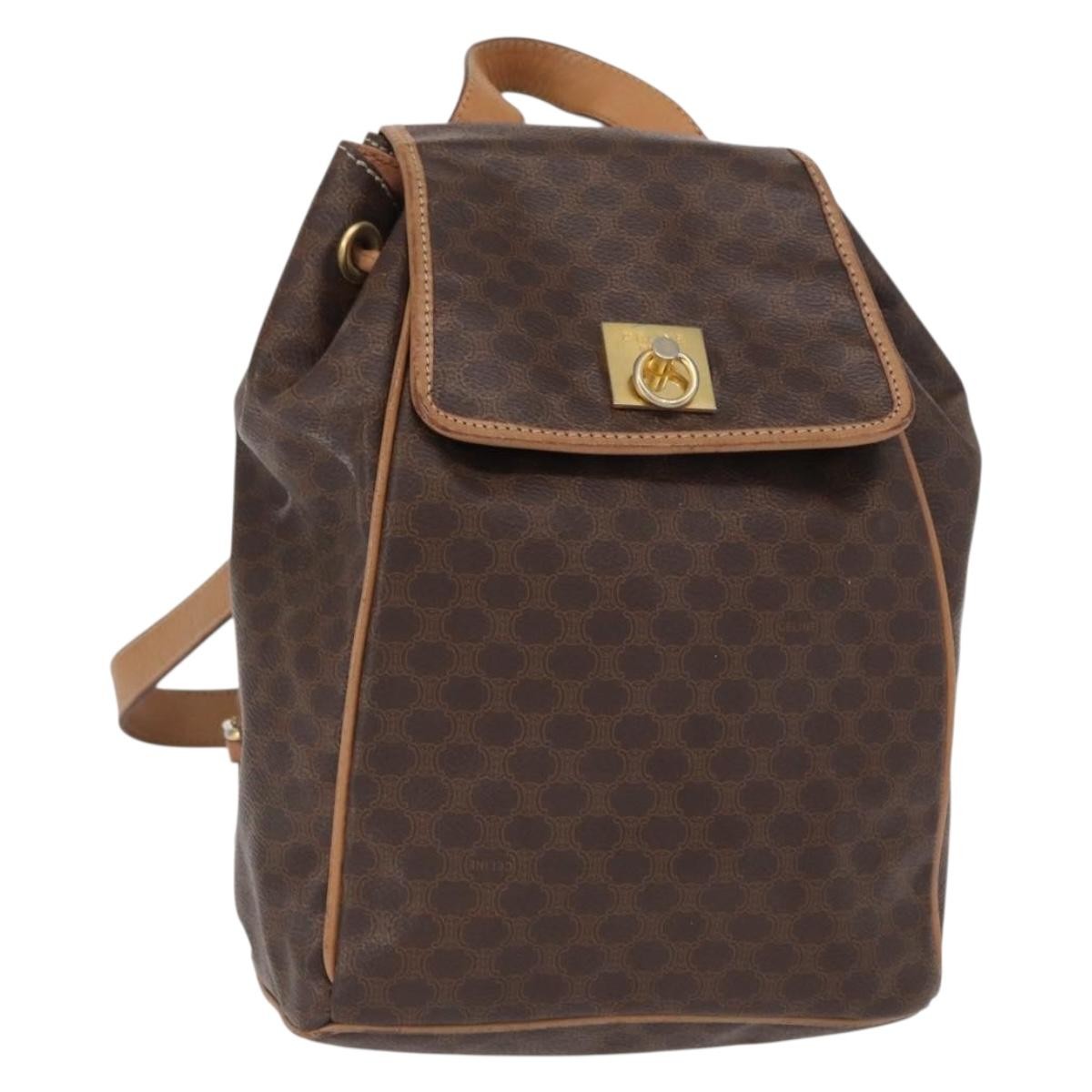 CELINE Macadam Canvas Backpack PVC Leather Brown Gold Auth 164150