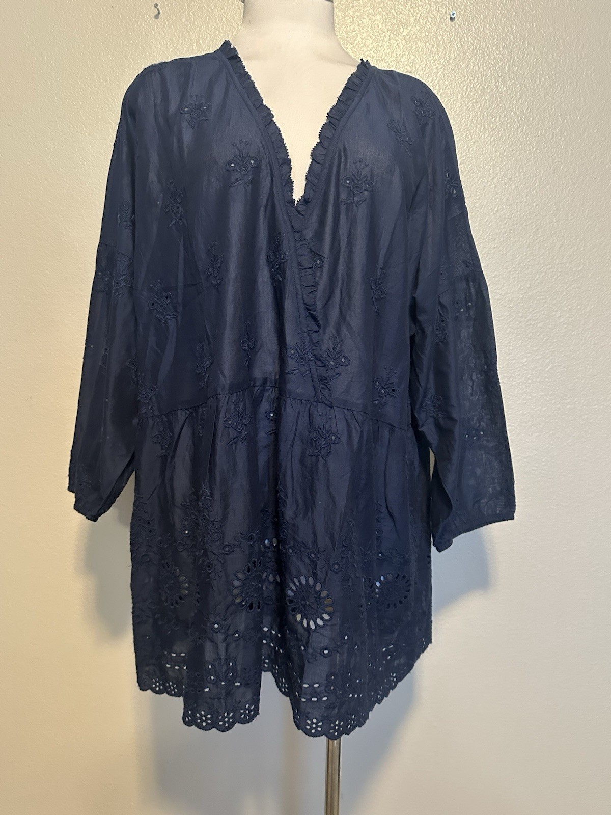 NWT J.JILL Everyday Blouse 3/4 Sleeve Peplum Ruffle V Neck Navy Eyelet Women XLT