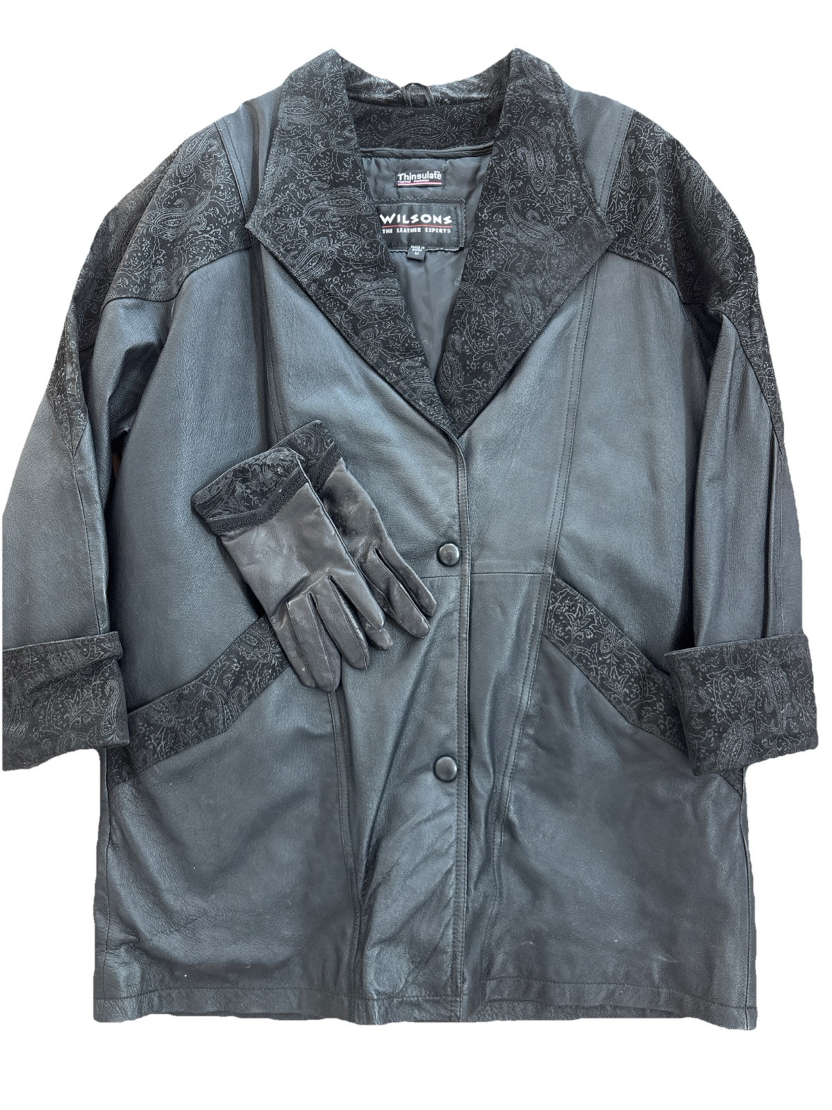 Vtg Wilsons Black Leather Full Length Duster Trench Coat Snap Womens Size Medium