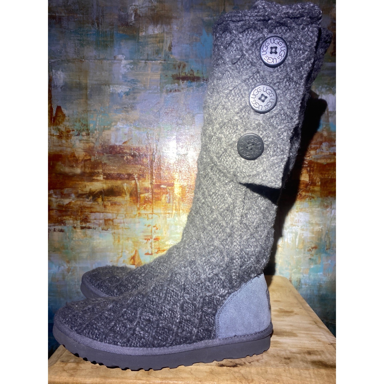 UGG Australia Lattice Cardy 3066 Charcoal Grey Knit Tall Button Boots Womens 10