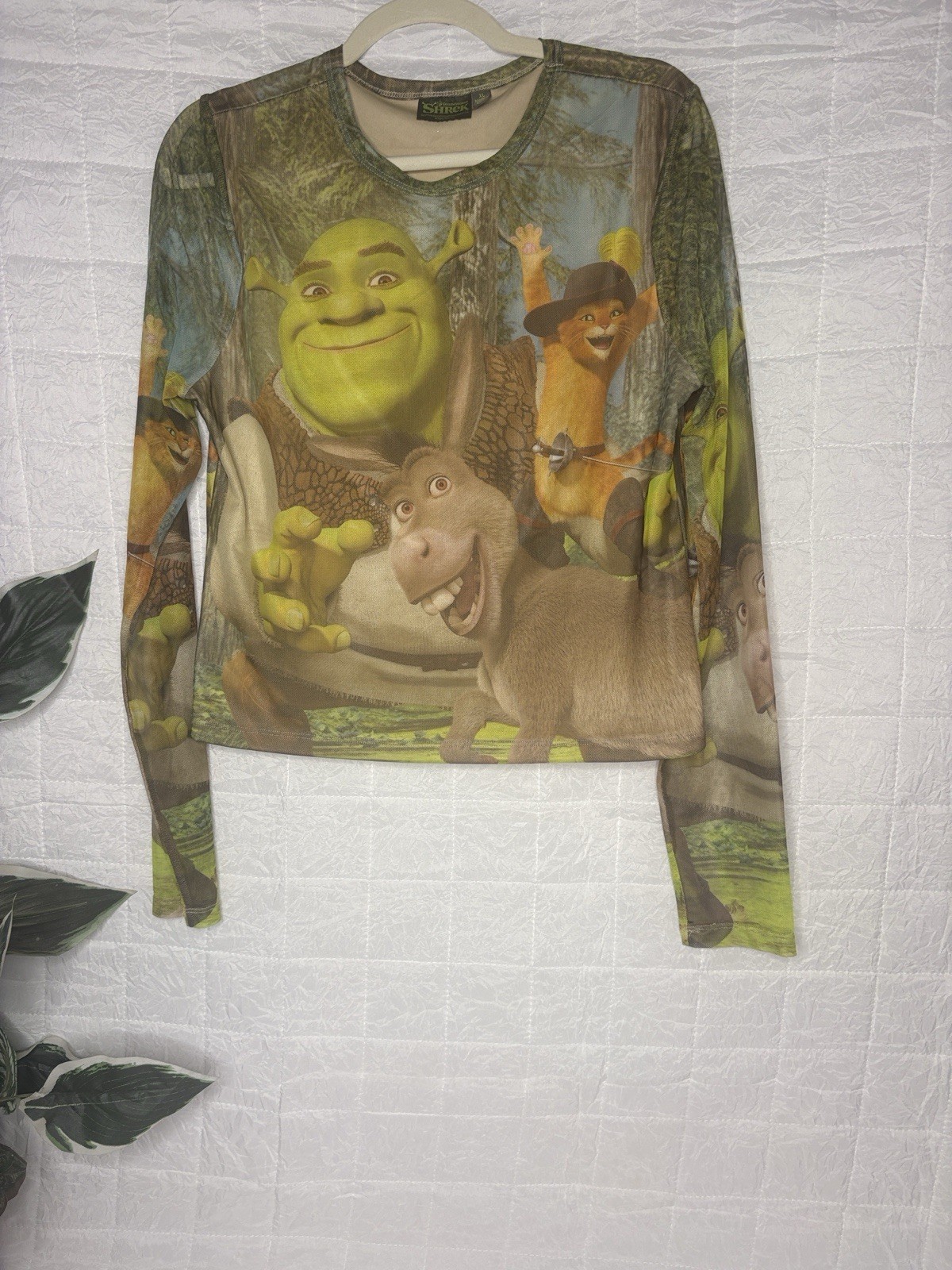 DreamWorks Shrek Sheer Mesh Cartoon Print Long Sleeve Women’s Top Multicolor M