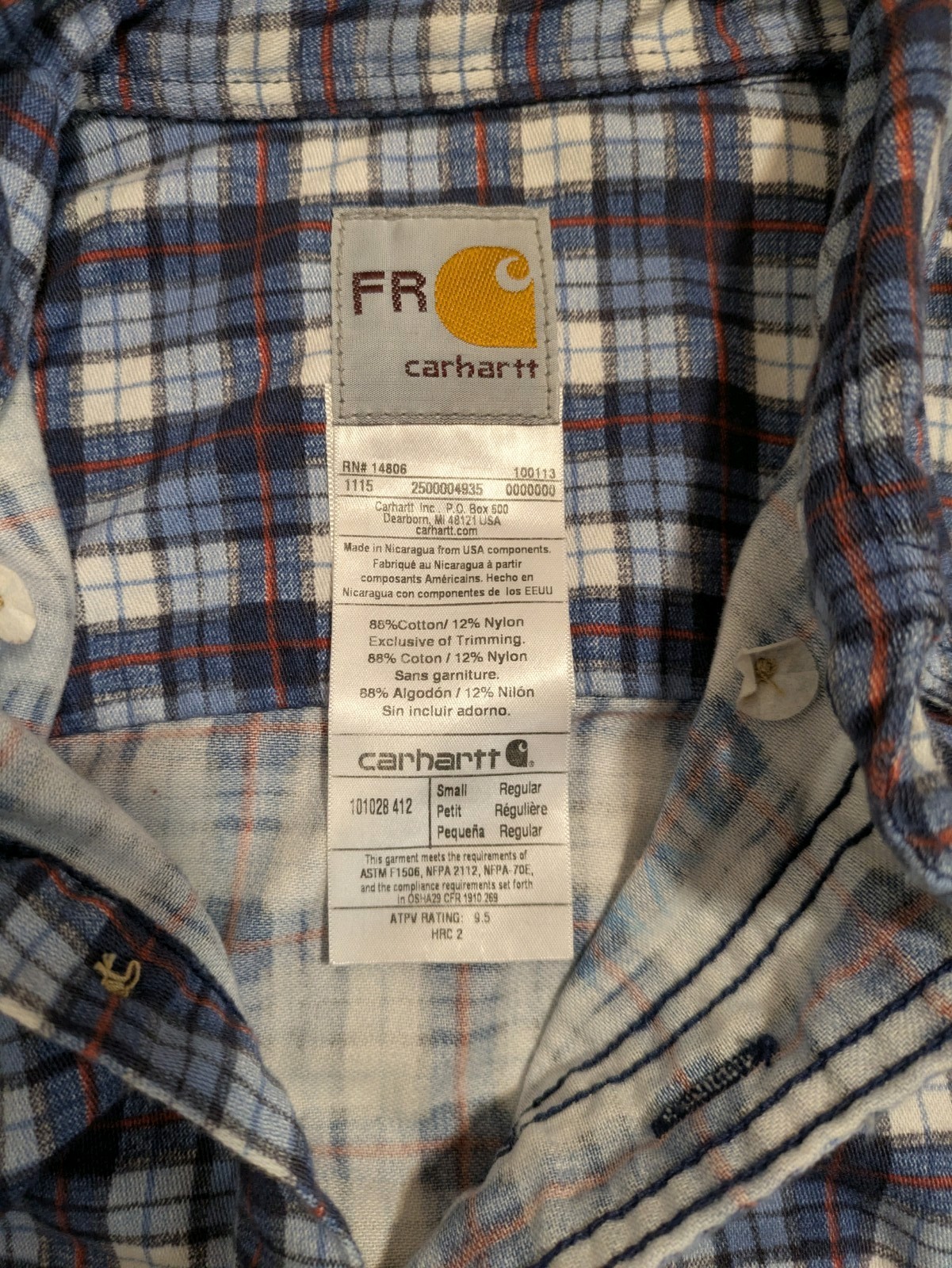 Carhartt FR Shirt Men’s Small Blue Plaid Long Sleeve Button Up Flame Resistant