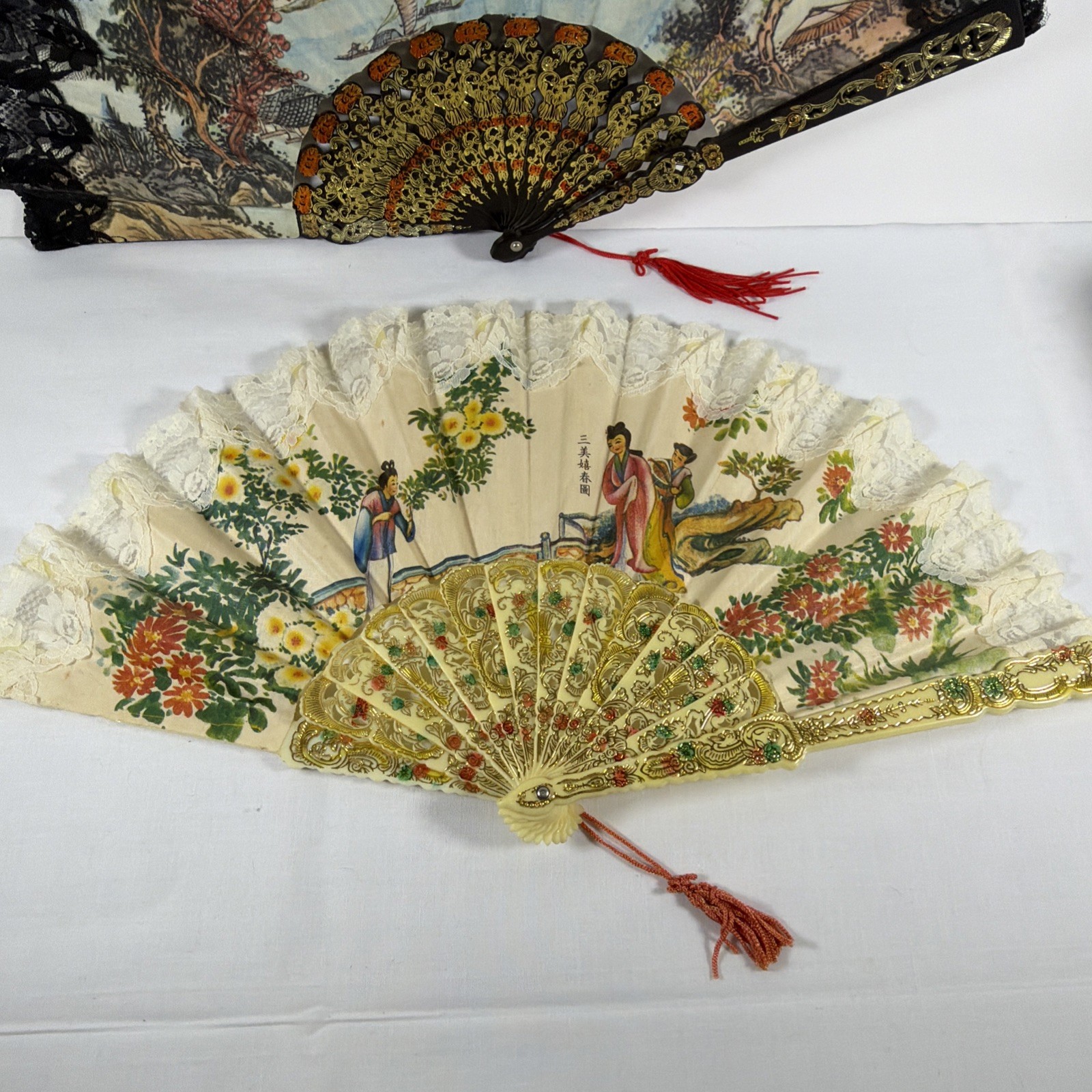 2 Vintage 1980’s Classical Scent Hand Fans fan Lace Fabric Plastic
