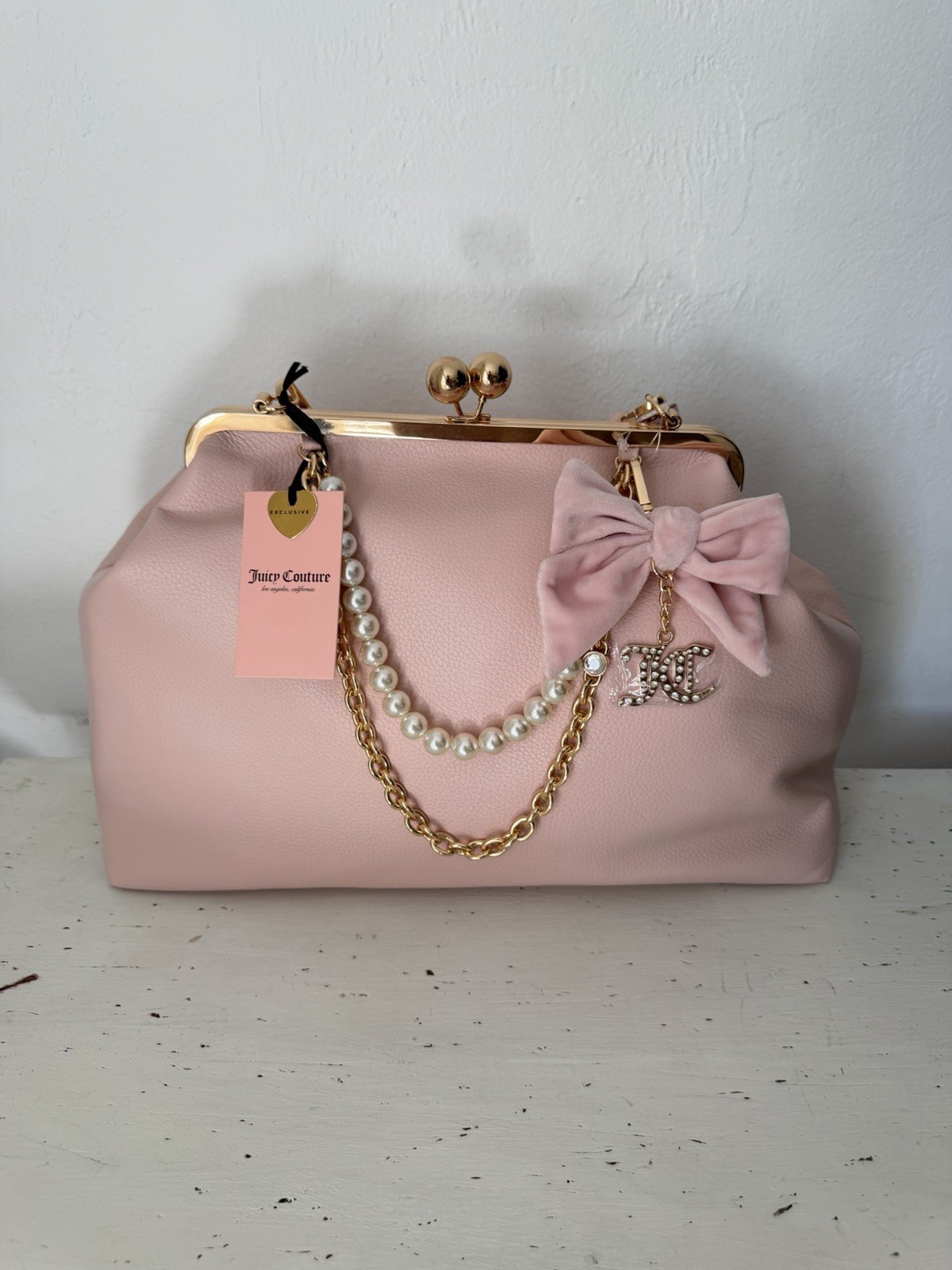 Juicy Couture Charm Haus Large Frame Clutch Bag Purse With Pearls Pink Clay