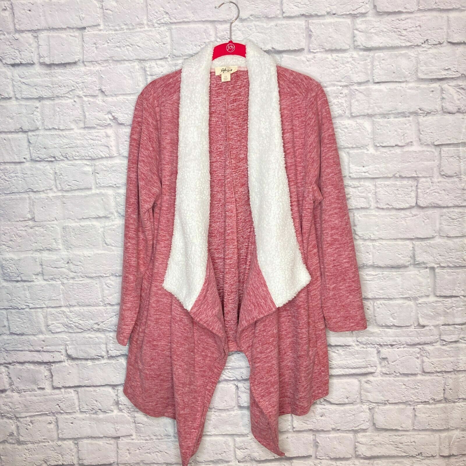 New Style & Co 1X Red White Sherpa Collar Draped Open Front Cardigan Sweater