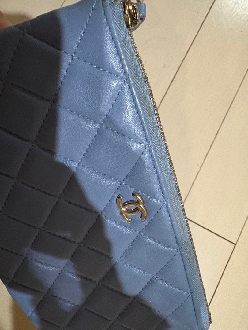 CHANEL Blue Lambskin Matelasse Pouch Bag Coco Mark Authentic Handbag