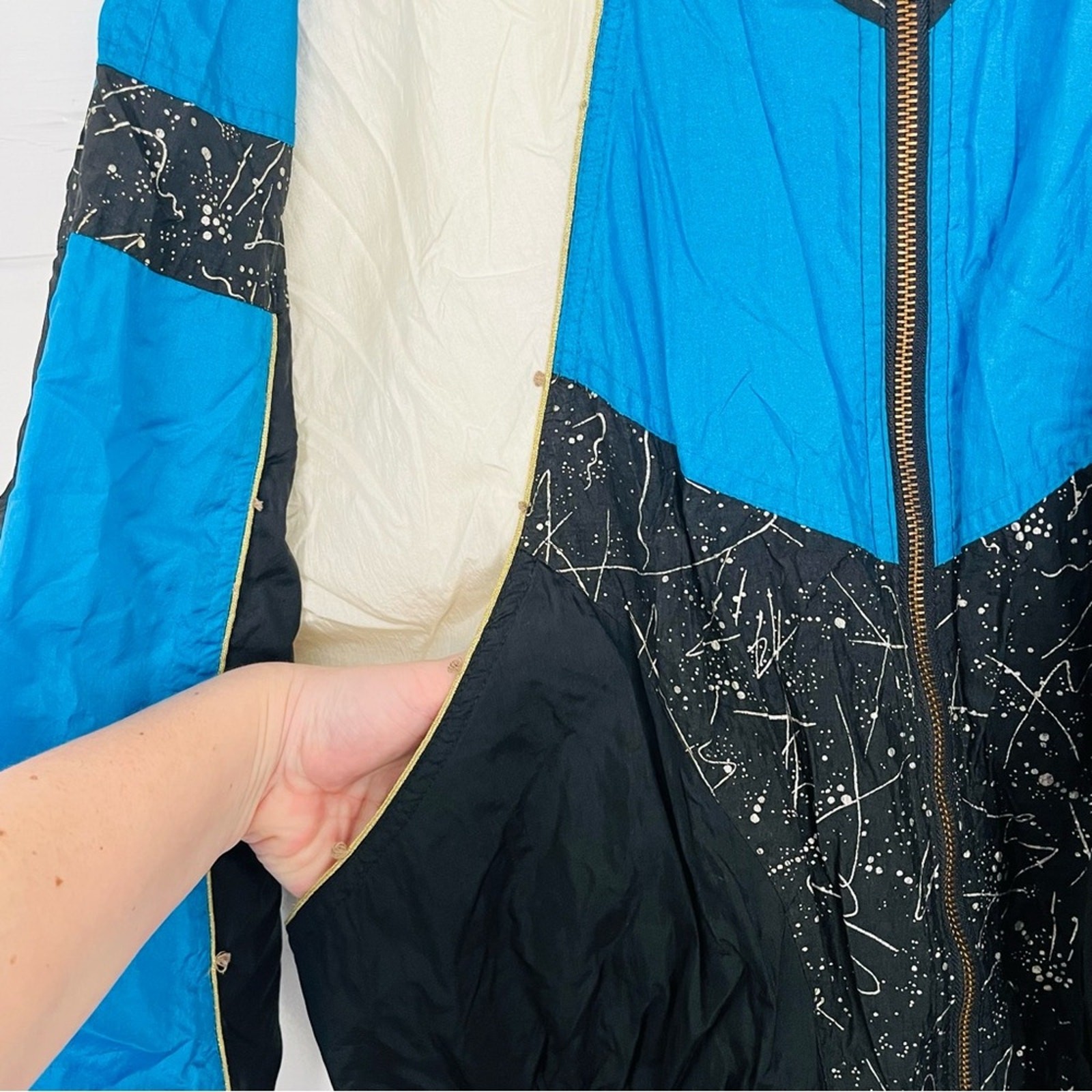 Vintage 90s Windbreaker Jacket Wacky Abstract Electric Blue Gold Black Splatter