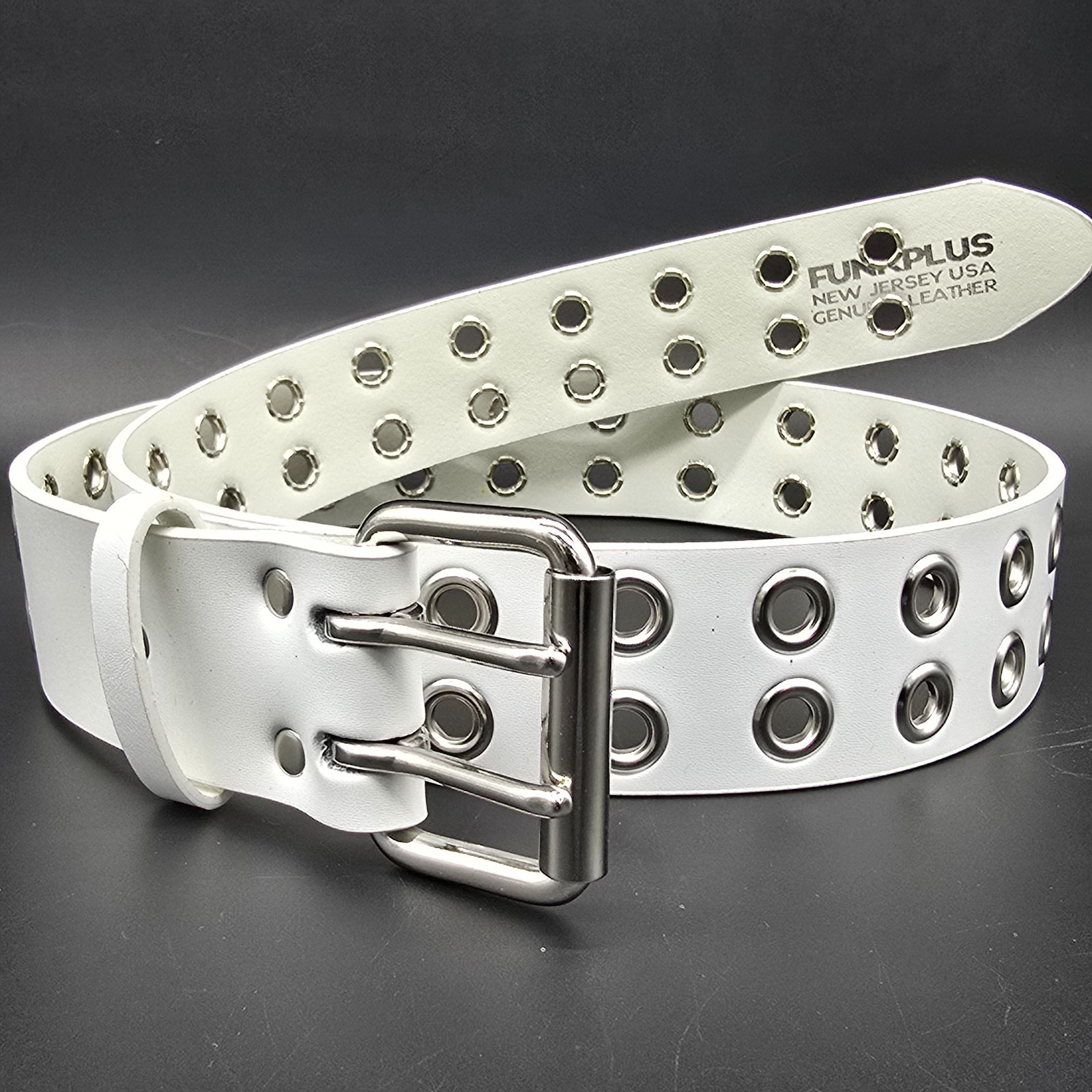 White Genuine Leather Grommet Eyelet Studded USA Made Three Row Belt Punk