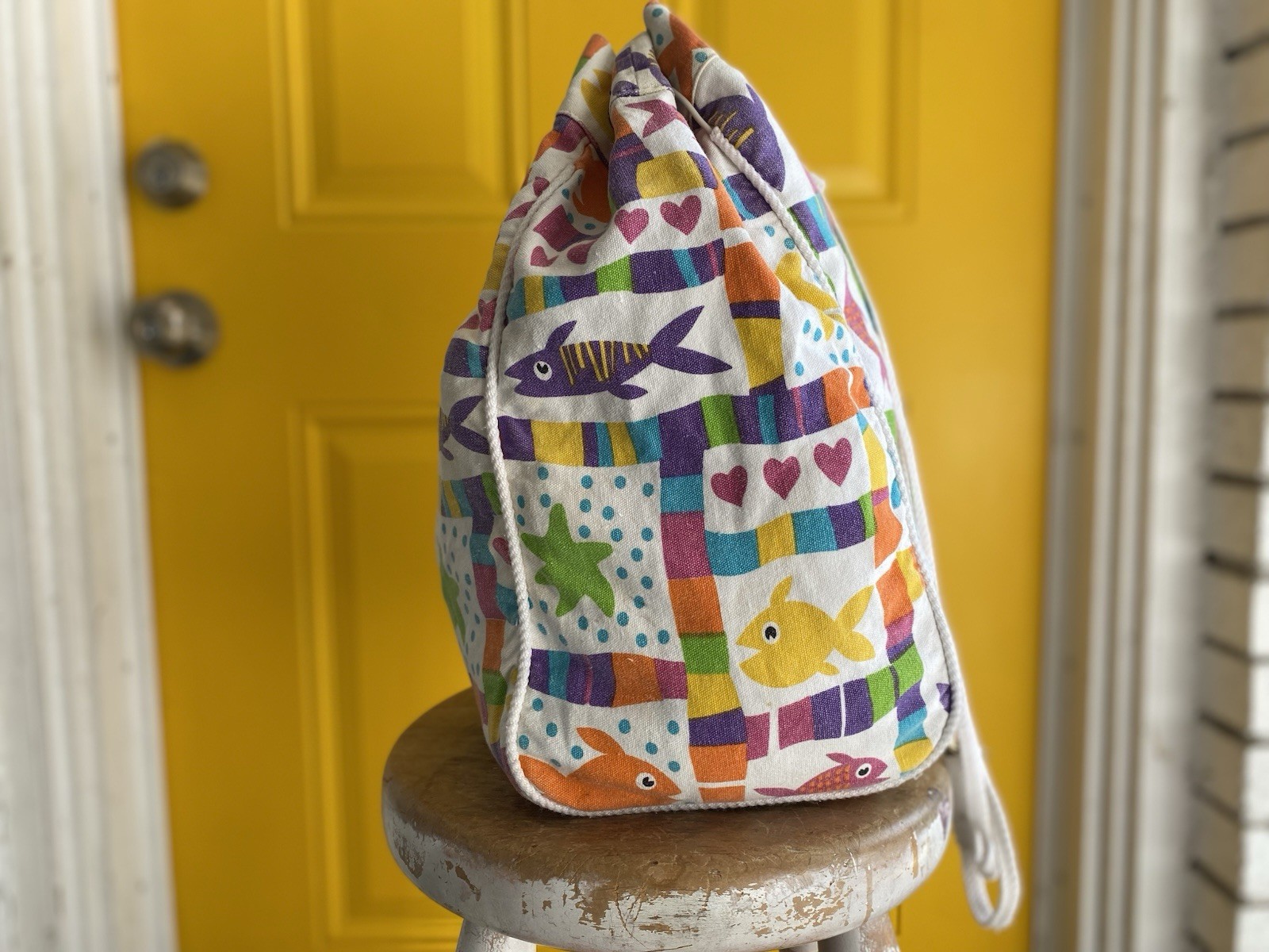 Moni Small Canvas Drawstring Bucket Bag Kids Multicolor Fish Patchwork Pockets