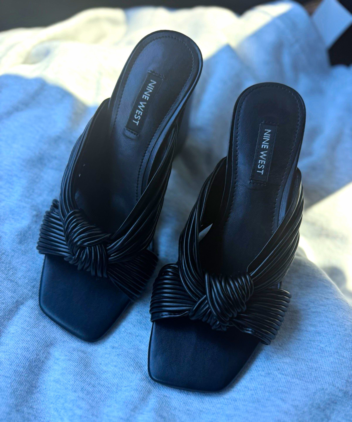 Nine West Black Women’s Slip-On Mule Heels Open Toe Knot Accent