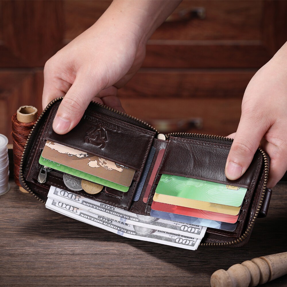 Men’s RFID Blocking Leather Zip Wallet Bifold with Coin Pocket & Card Slots