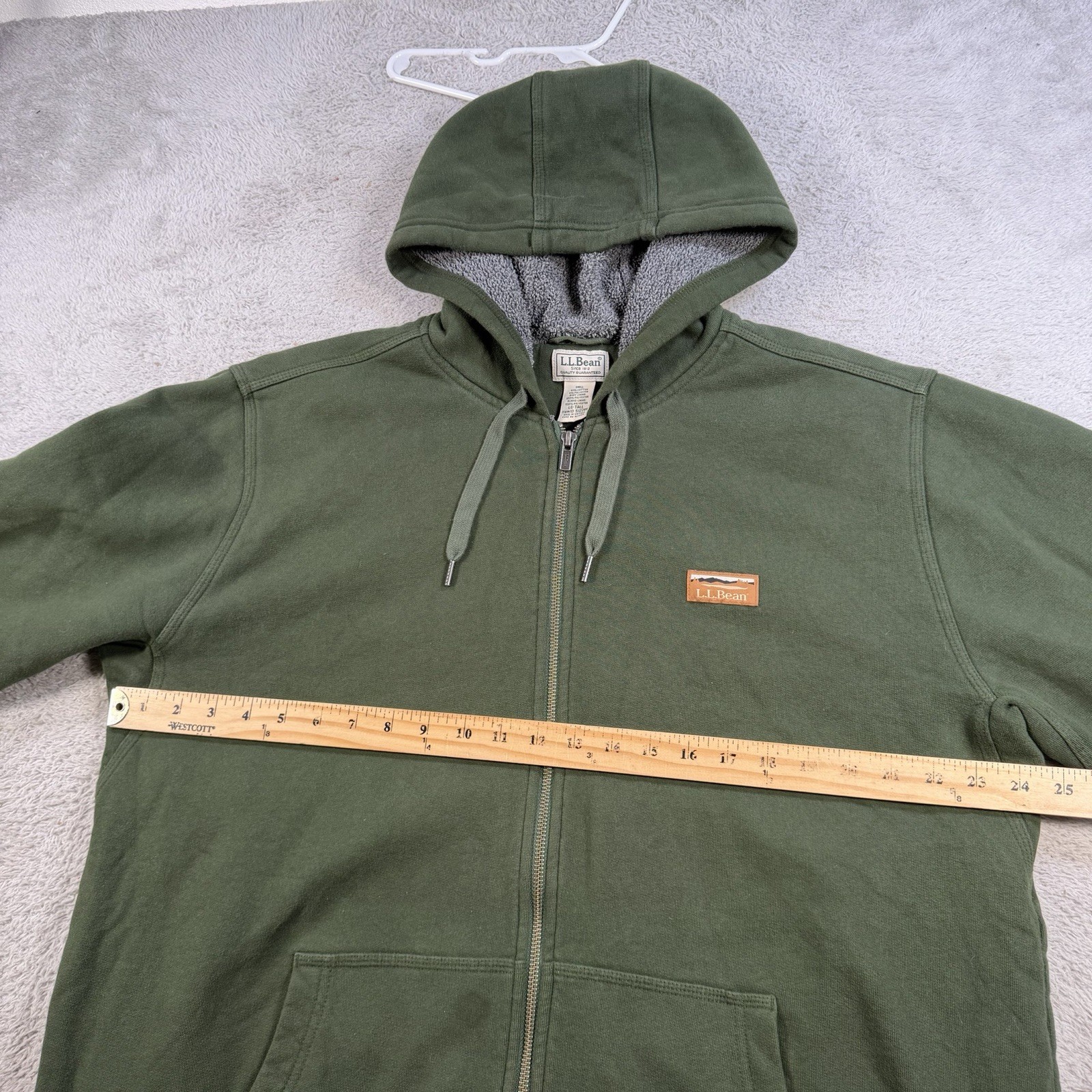 LL Bean Hoodie Mens LT Green Full Zip Sherpa Lined Jacket Drawstring Casual