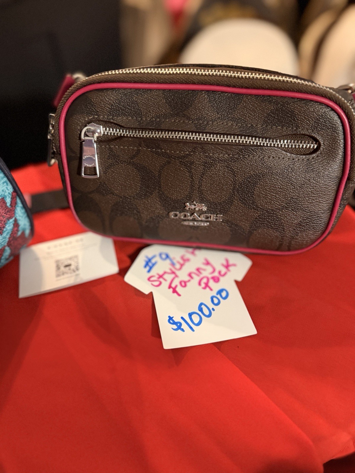 Coach Signature Monogram Small Waist Zip Bag Brown Pink Silver Hardware