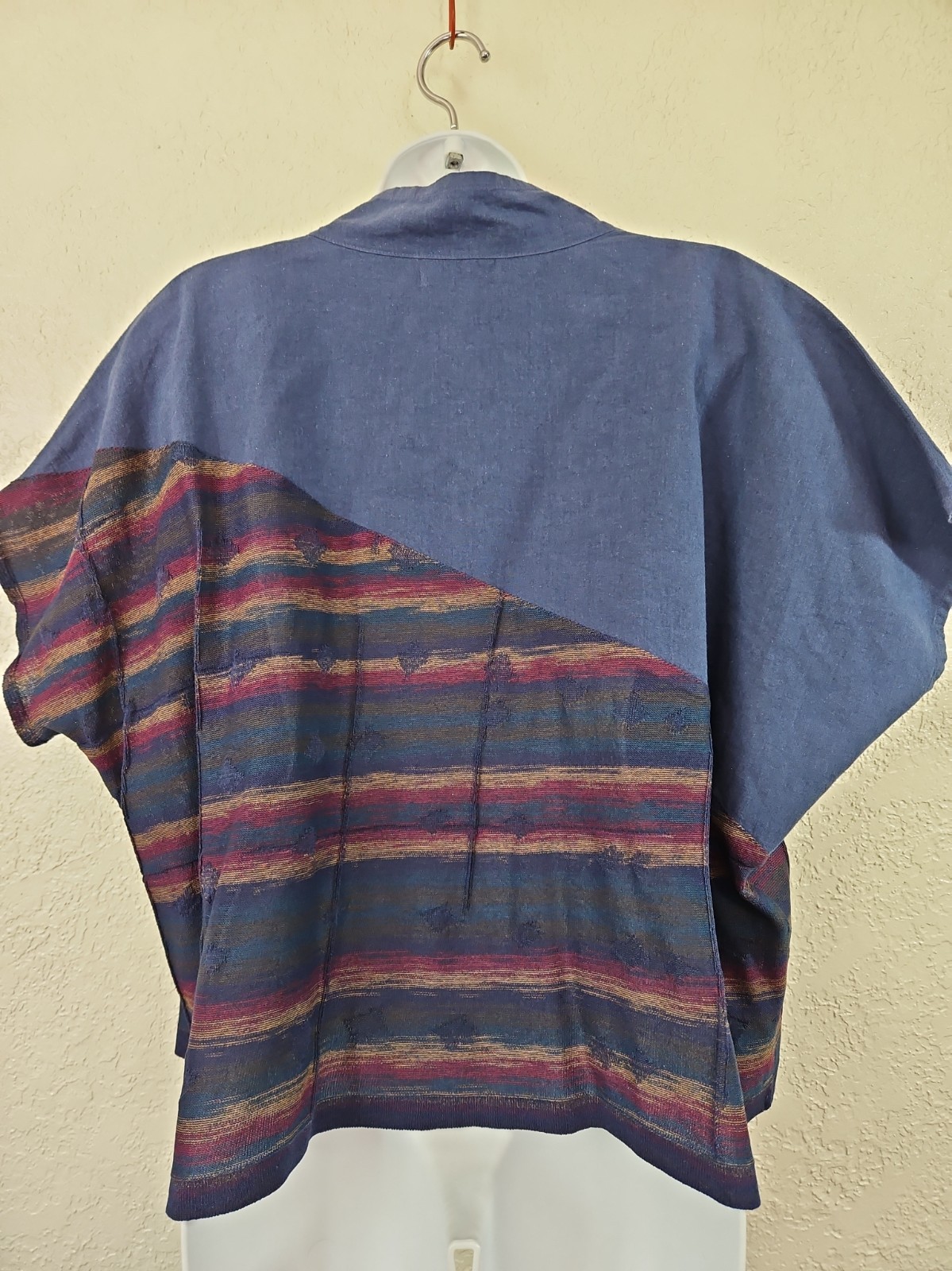 FUGA FUGA O/S Blue/Multi Linen Blend Mixed Media Boxy Cropped Top Mesh