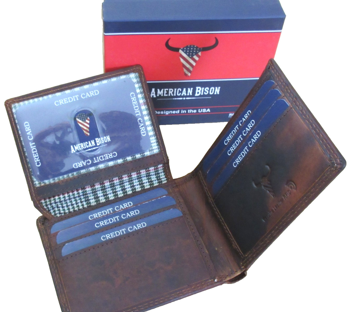 Men’s Distressed Leather American Flag Bifold Brown Embossed Leather Wallet NIB