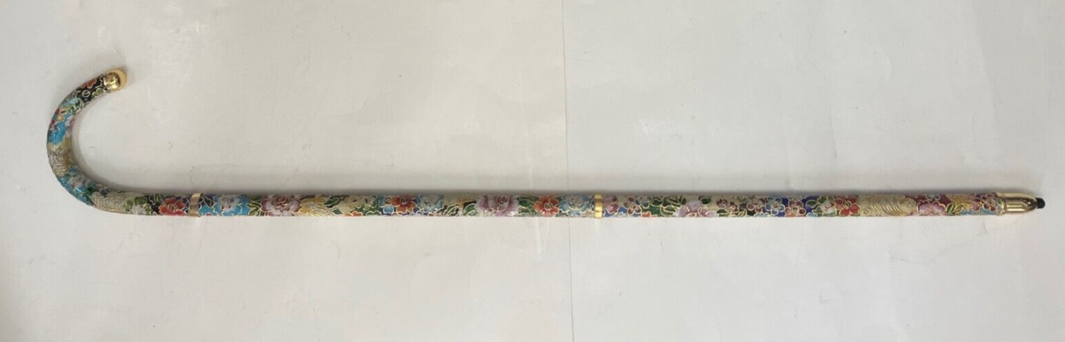 Vintage Cloisonne / Cloisonné Walk Cane Floral Motif Elegant Metal 35”
