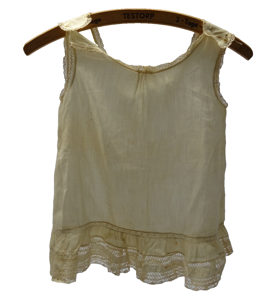 VTG Slip Dress S Child Stained Primitive Antique Handmade Cotton White 27″ Lace