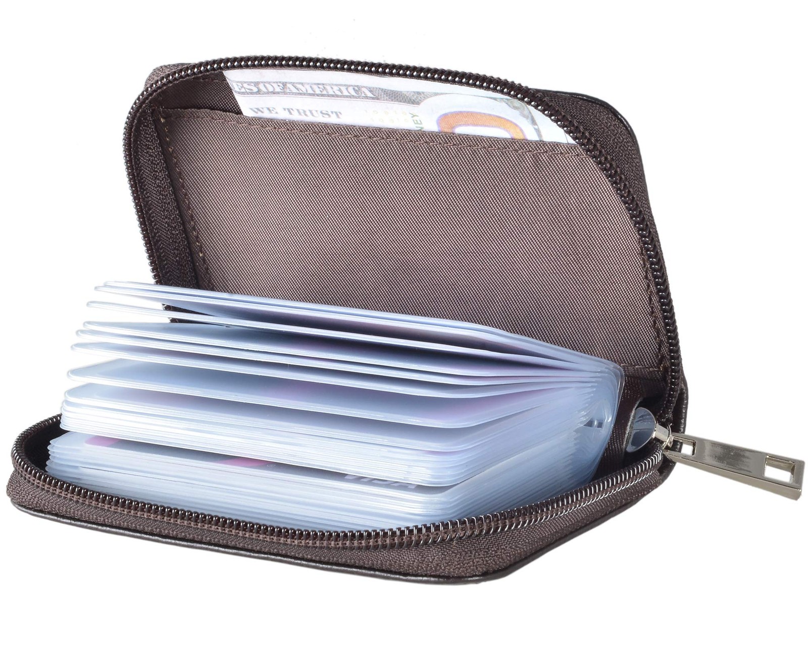 Genuine Leather Credit Card Holder Zipper Wallet With 26 Card Slots (Coffee)
