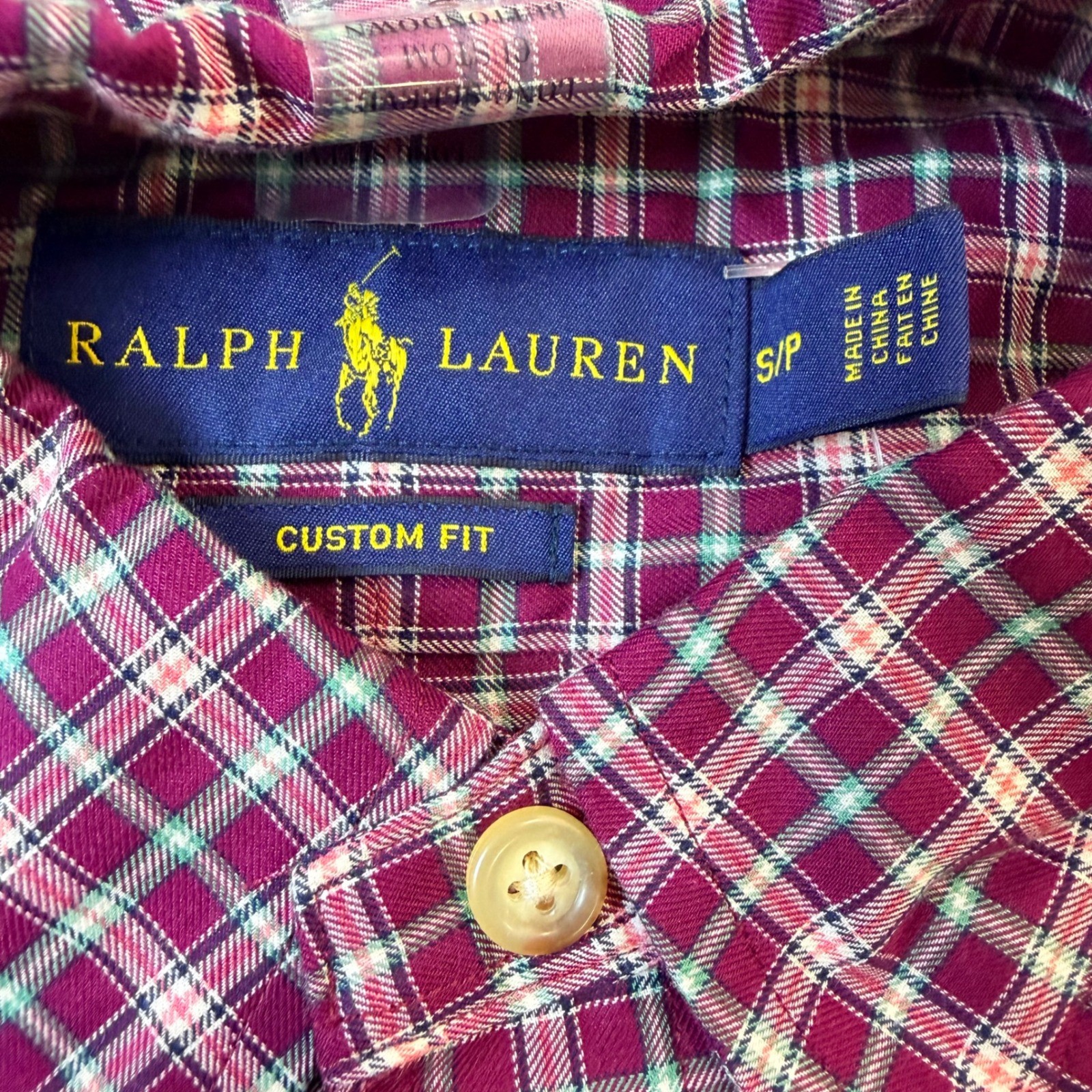 Ralph Lauren Button Down Shirt Mens Small Maroon Green Plaid Cotton Custom Fit