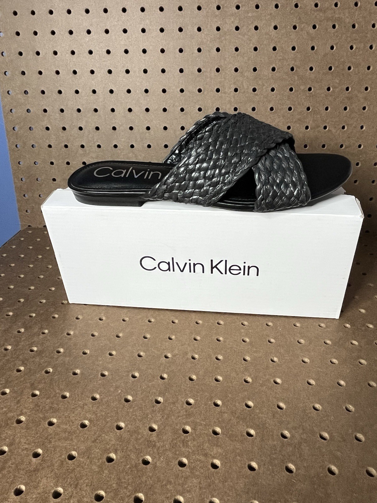 Calvin Klein Women’s Braided Strap Slide Sandals Black Faux Leather US 10 M