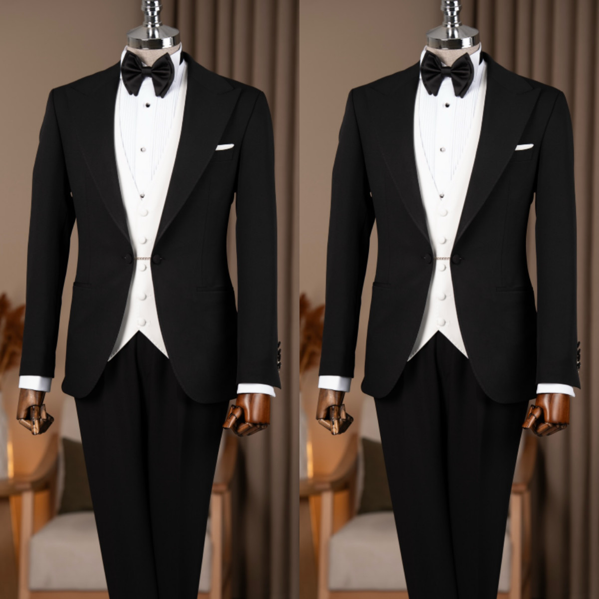 3PCS Business Men’s Suits Black Dinner Party Jacket Formal Workwear Casual Coat
