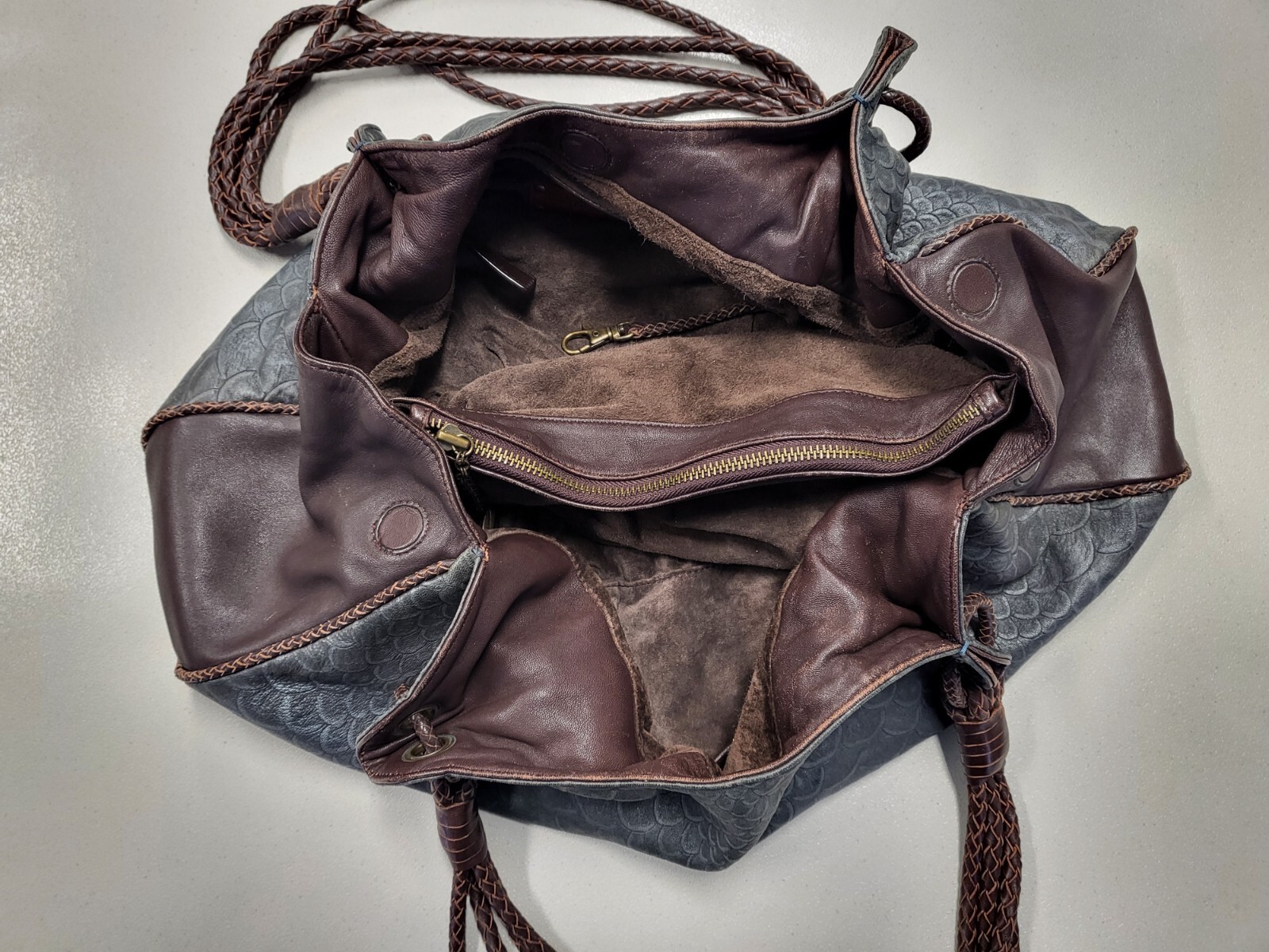 The Divine Tribe NYC Large Gray/ Brown Reptile Embossed Leather Tote Purse