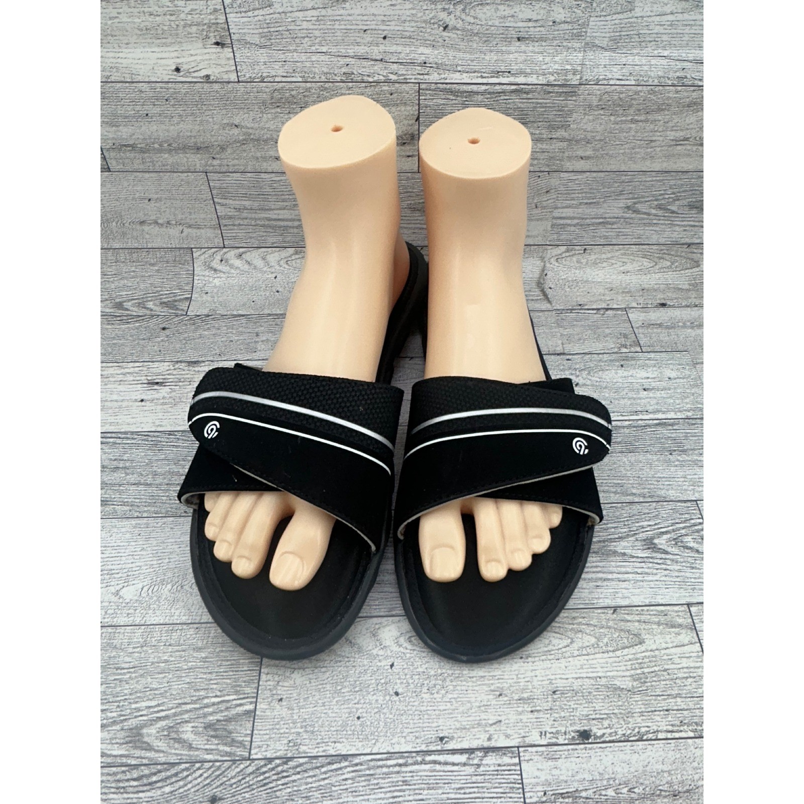 C9 Champion Women Cushion Fit Slide Sandals Black White Adjustable Strap Sz 10