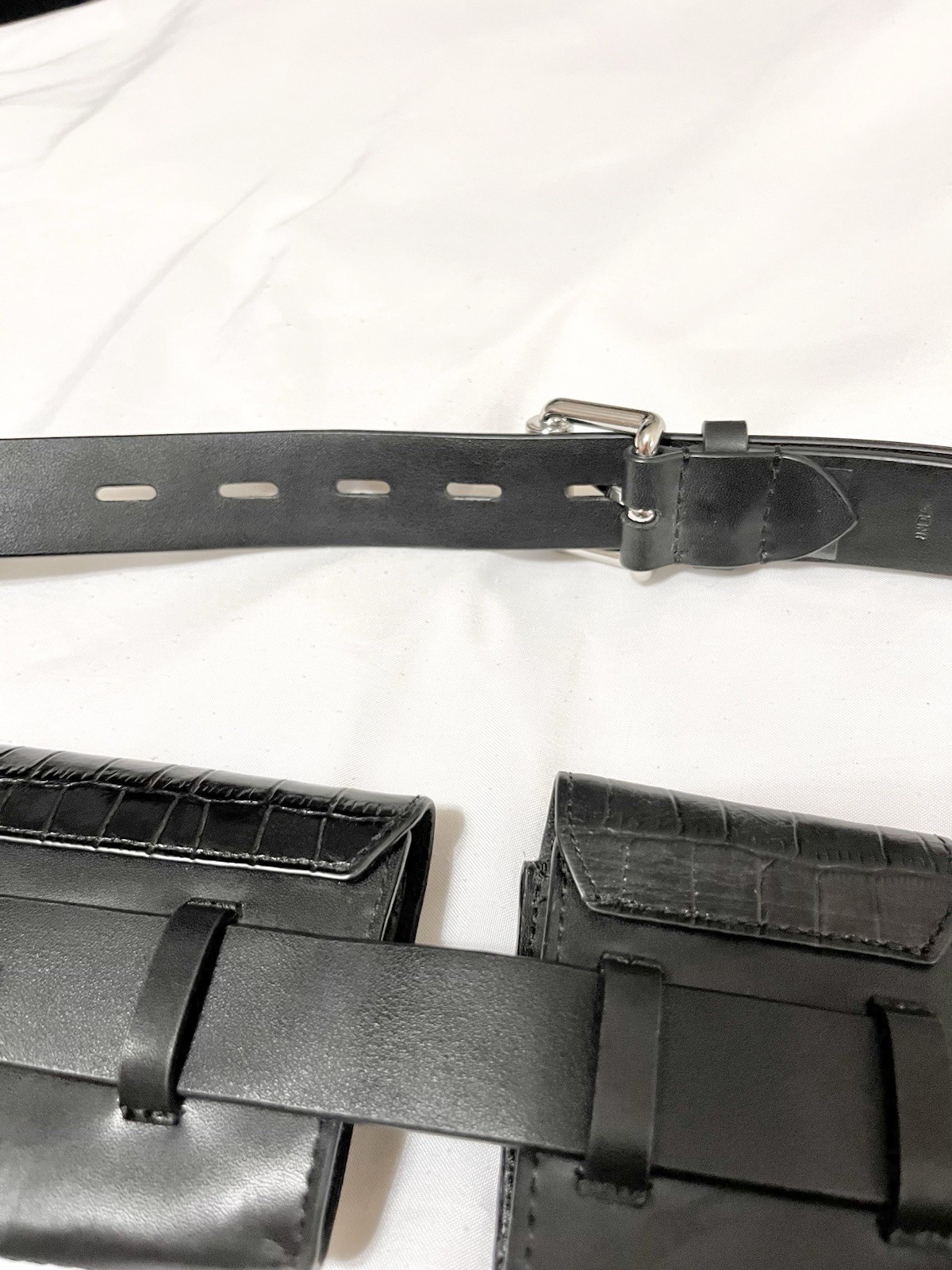 REBECCA MINKOFF | LEATHER CROCODILE EMBOSSED FANNY BELT BAG IN BLACK SMALL/MED