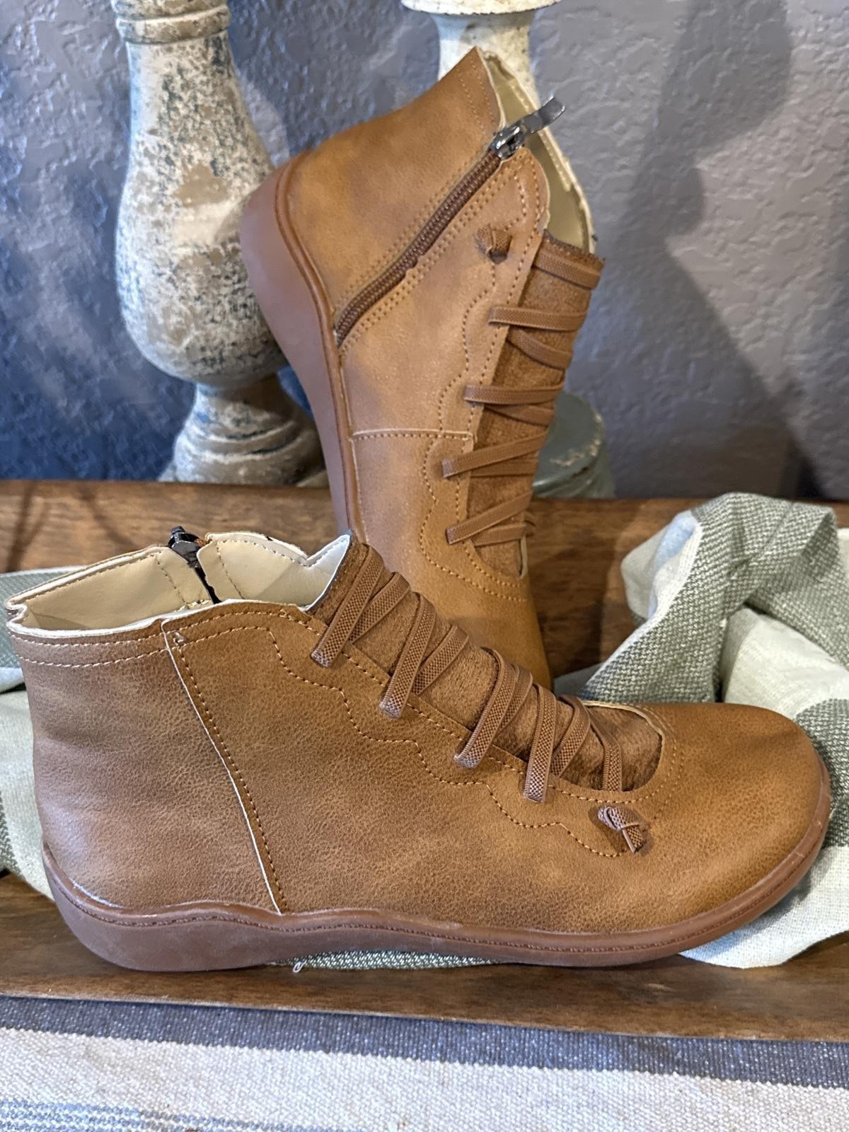 Brown Ankle Boots with Side Zipper and Lace-Up Detail