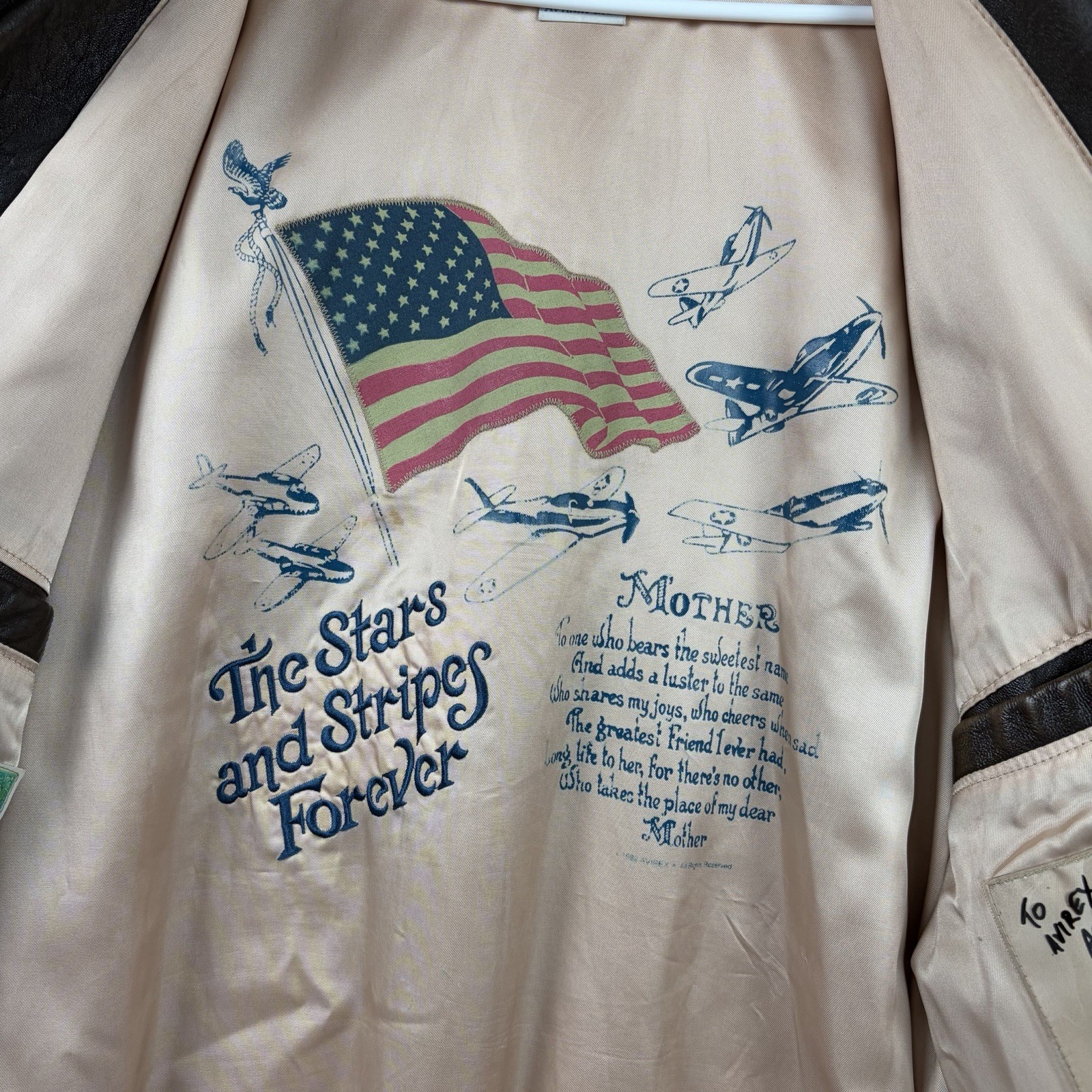 Vintage Avirex A2 Jacket Mens Large Brown Leather Flight Bomber USAF Pinup Flag