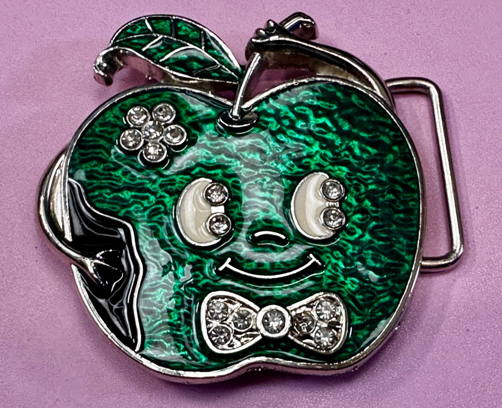 Scared Green Apple Face – Rhinestones Accented Cartoon Novelty Fun Belt Buckle