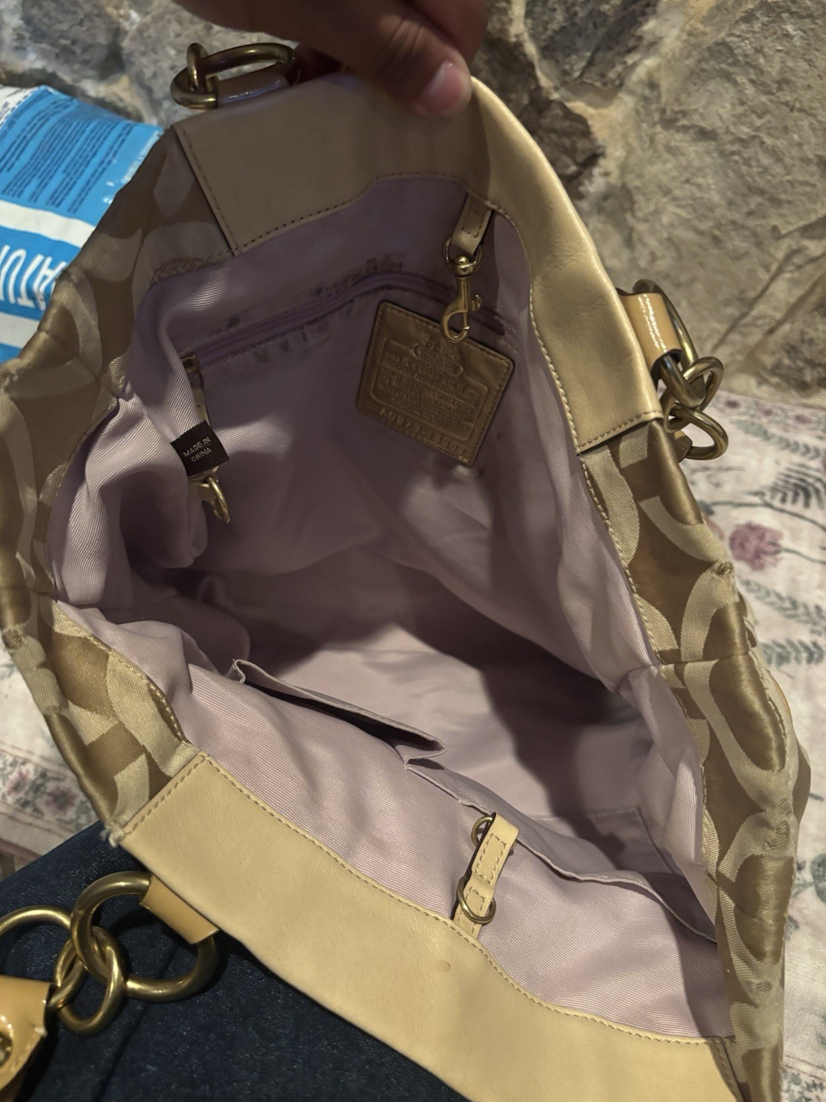 Coach Signature C Beige Medium Satchel/Top Handle Bag, Gold Hardware, Zip