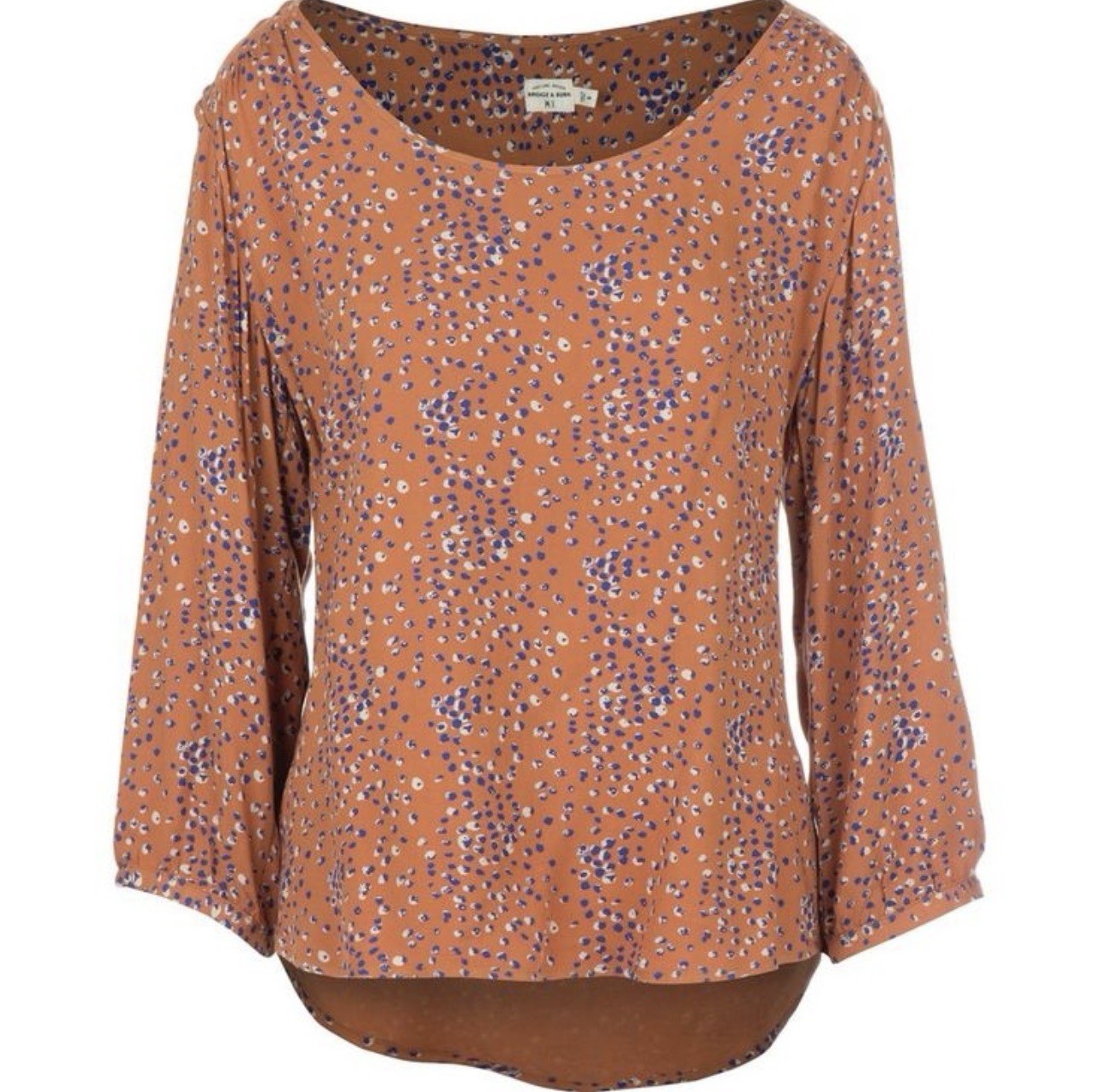 NWT Bridge & Burn Linn Top Blue Spotted Print High Low 3/4 Sleeves Loose Fit S